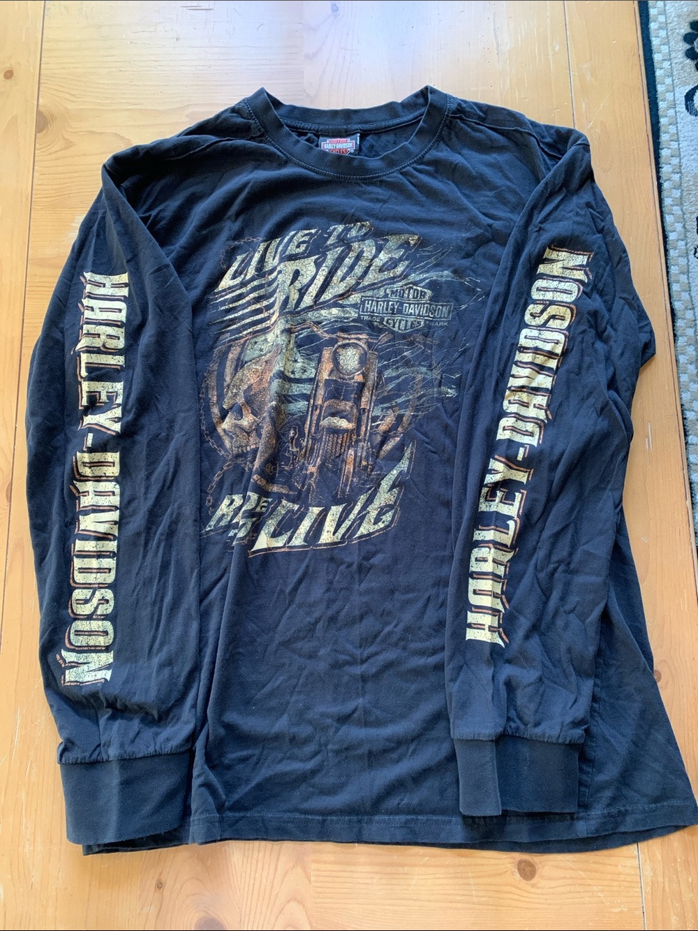 Harley-Davidson Black Long Sleeve Tee with Gold Motorcycle Graphics, woman’s